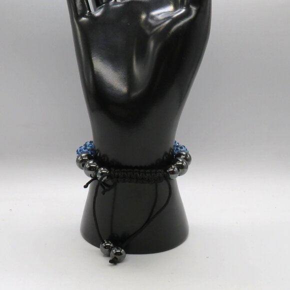 Beaded Bracelet Blue Rhinestone Encrusted Black Beads Adjustable Slide - Picture 4 of 7